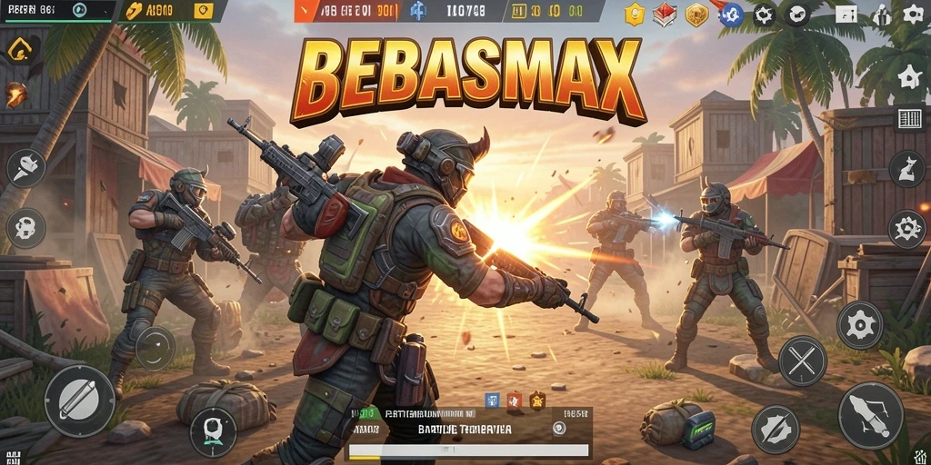 Screenshot utama BEBASMAX menampilkan pertempuran seru di arena Battle Royale.