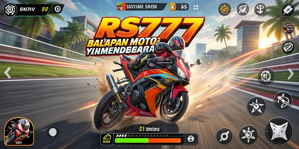 Tangkapan layar gameplay RS777 menampilkan aksi balapan motor yang seru.