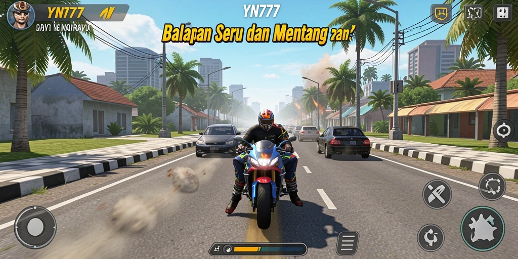 Tangkapan layar gameplay YN777 yang menunjukkan balapan seru di jalan raya.